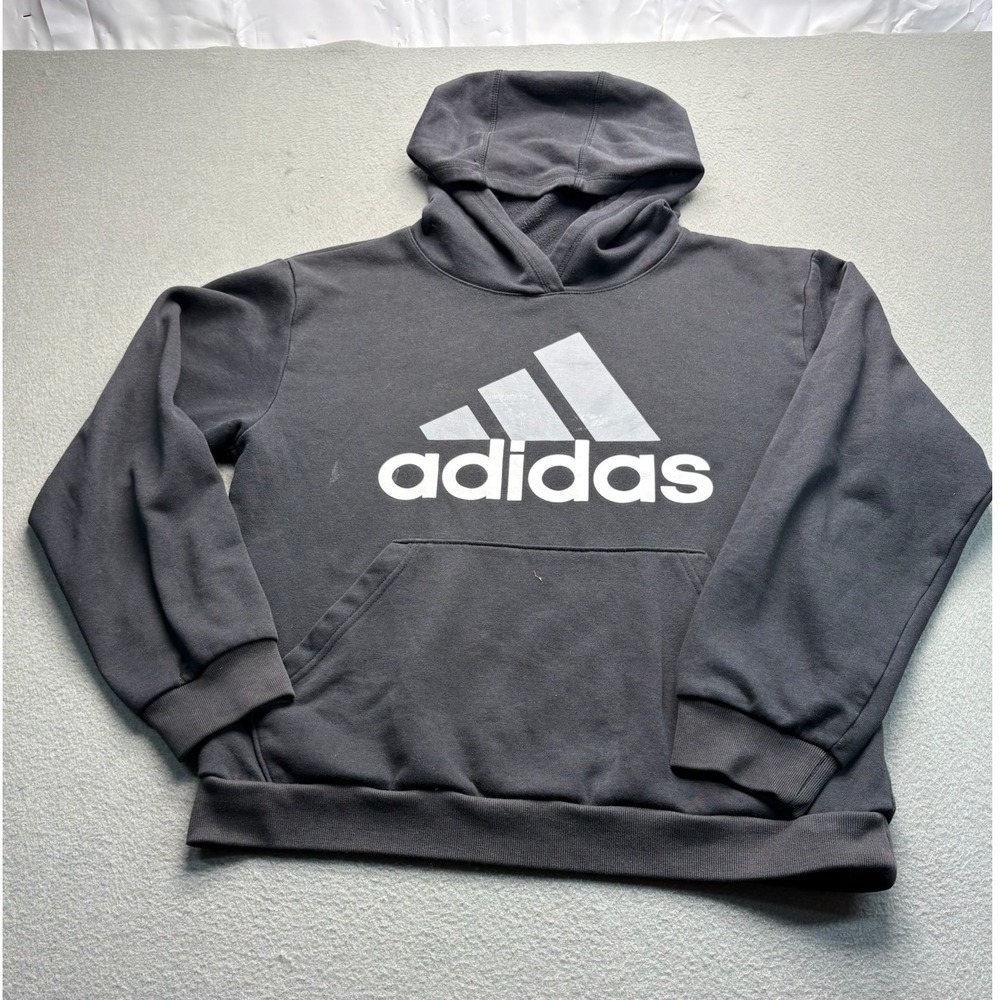Adidas Hoodie Boys Youth Lg L 14/16 Black White Logo Pullover Sweatshirt